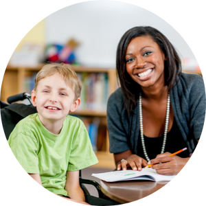 woman with young visually impaired boy